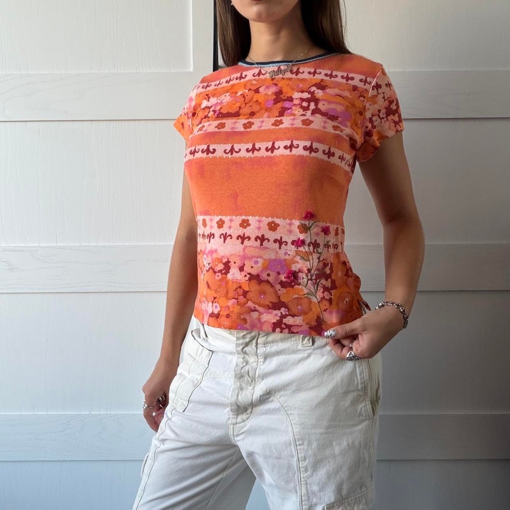 Y2K Uncivilized Orange Floral Embroidered Baby Tee
